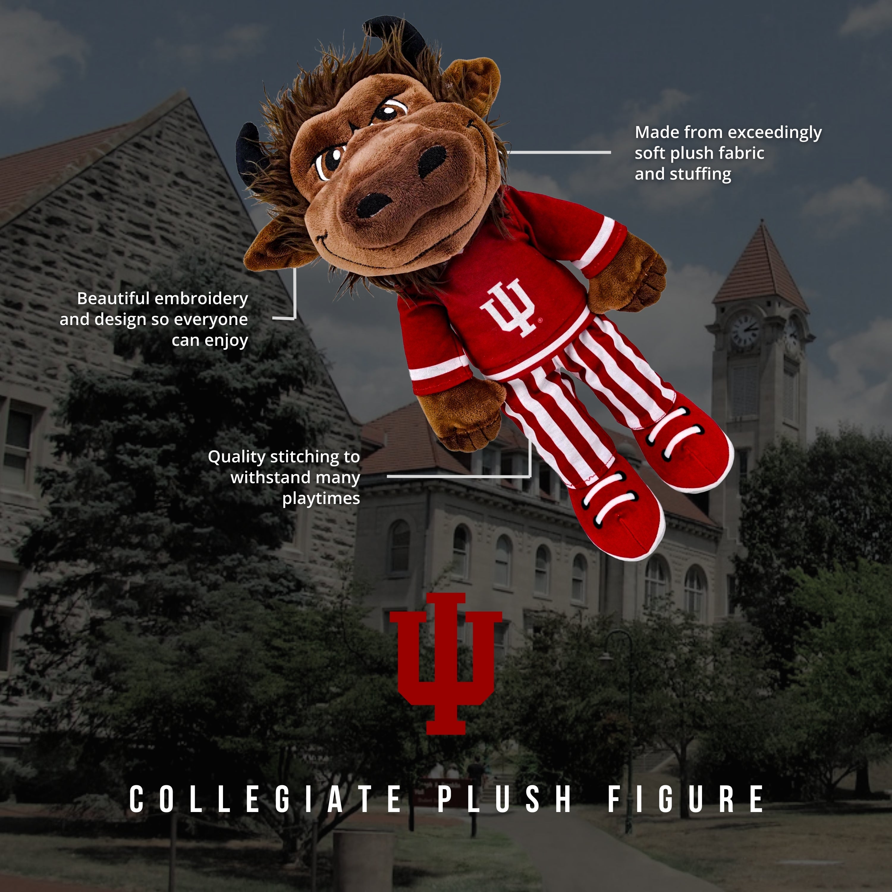 indiana university bison mascot plush toy Plush figure in front of a building with text describing features