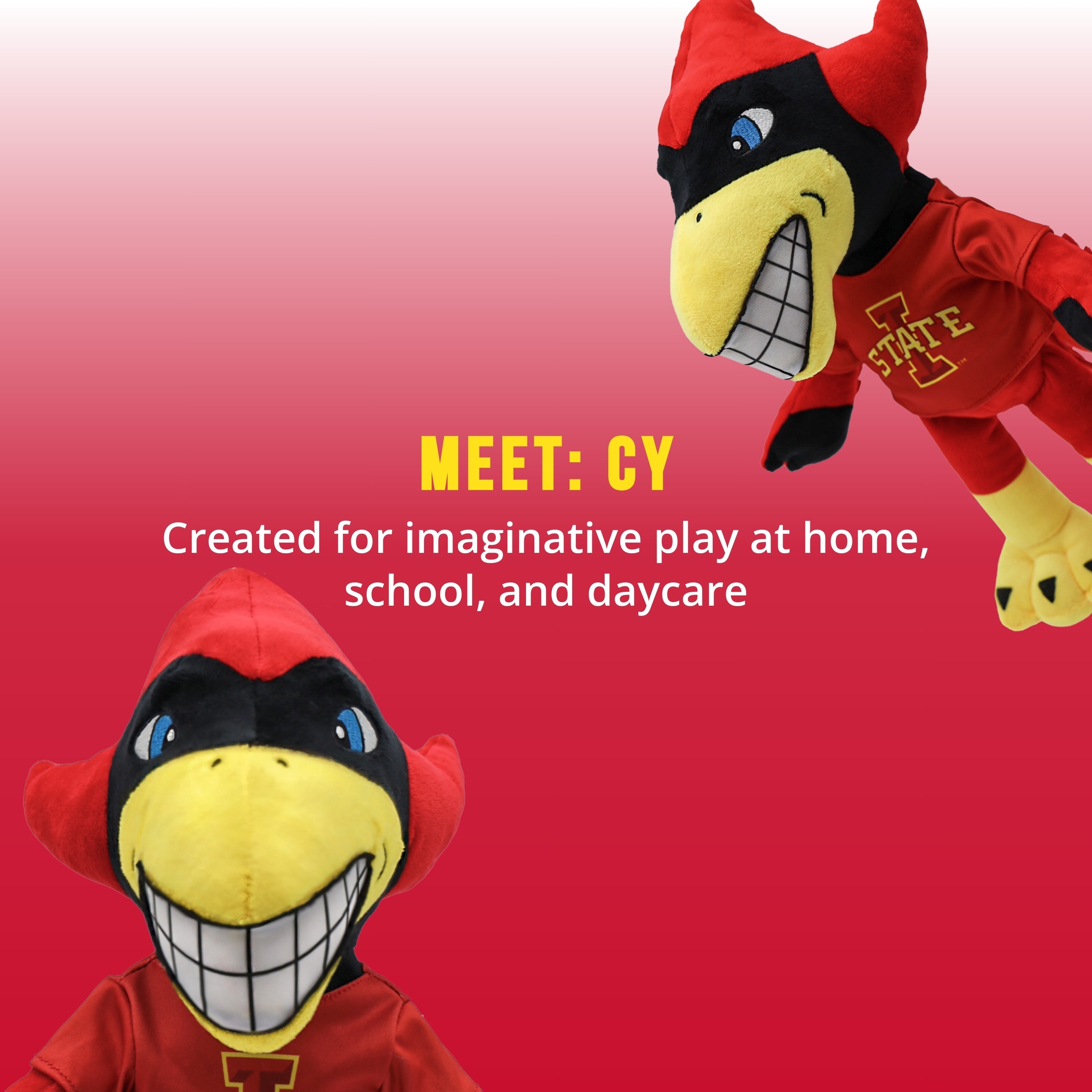 Two plush toys with a red and yellow design on a pink background, featuring text about imaginative play. Iowa State University Cy 14 Inch Plush Figure