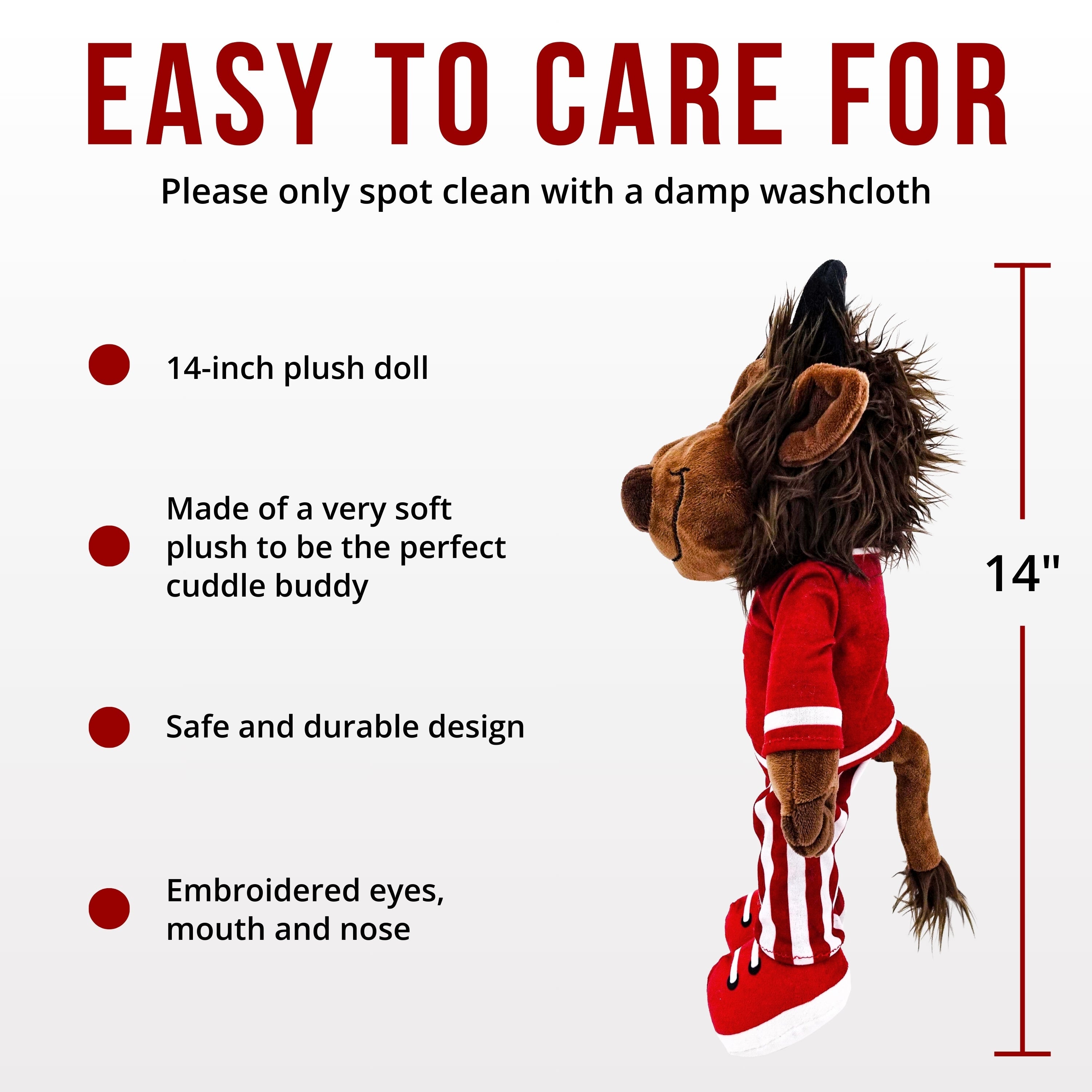 indiana university bison mascot plush toy with red and white outfit on pink background with care instructions.