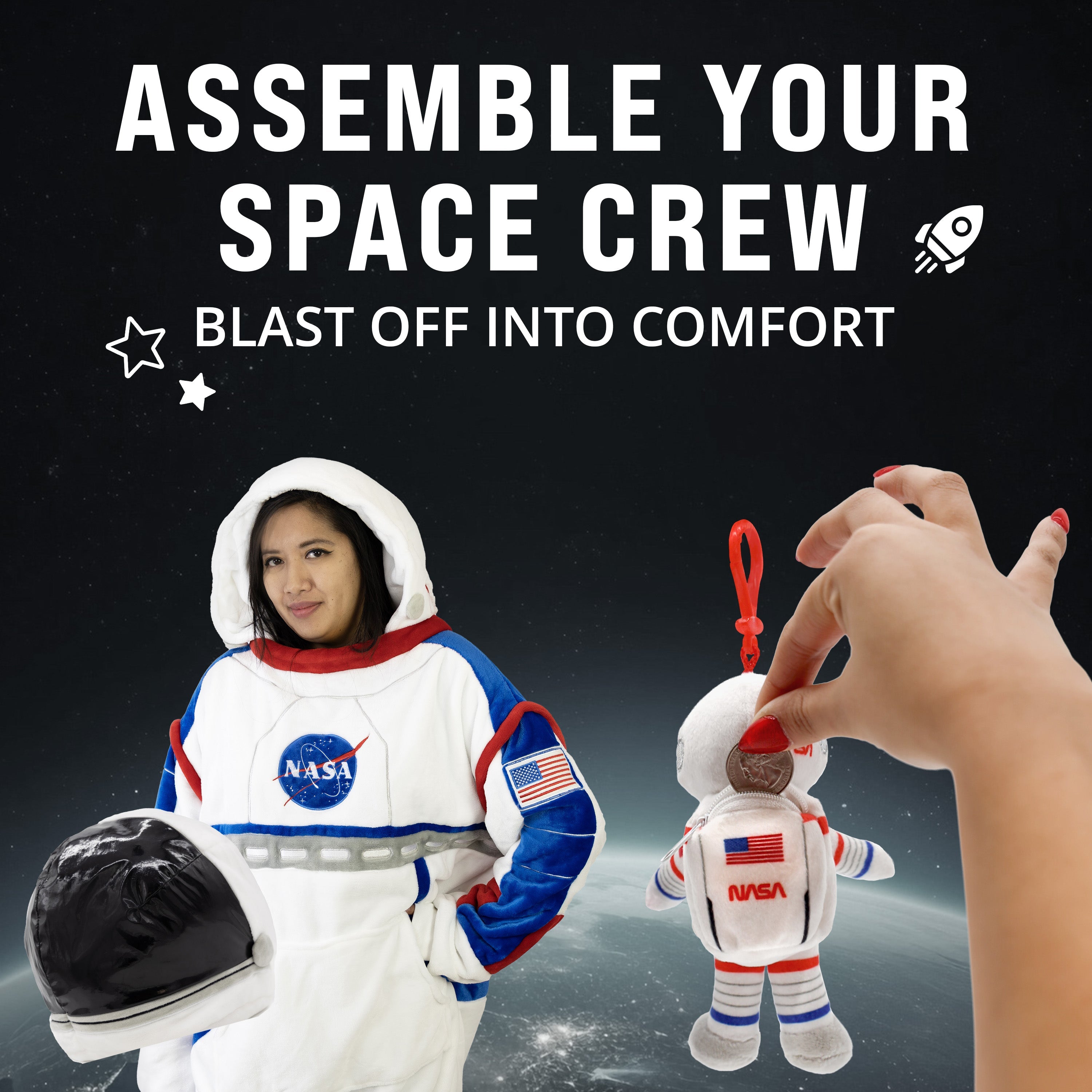Person in NASA space suit with a keychain astronaut figure against a space-themed background.