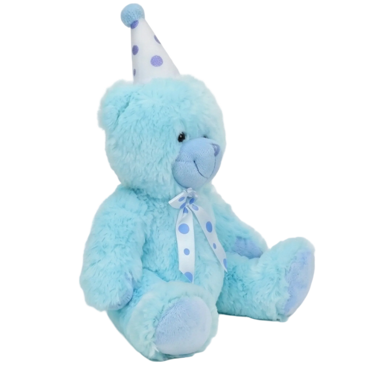 Blue teddy bear with a white hat and ribbon on a white background