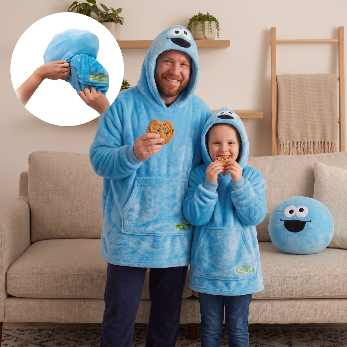 Sesame Street Cookie Monster Adult & Child Snugible | Blanket Hoodie & Pillow