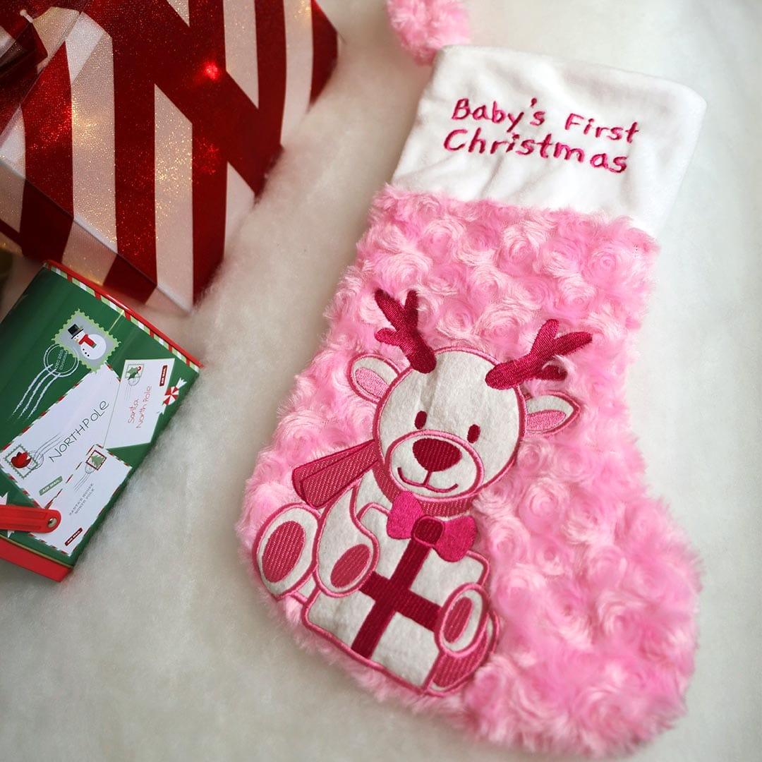 Plushible.comHoliday StockingsPink Babys First Christmas Stocking and Hat Set