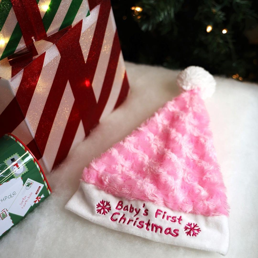 Plushible.comHoliday StockingsPink Babys First Christmas Stocking and Hat Set