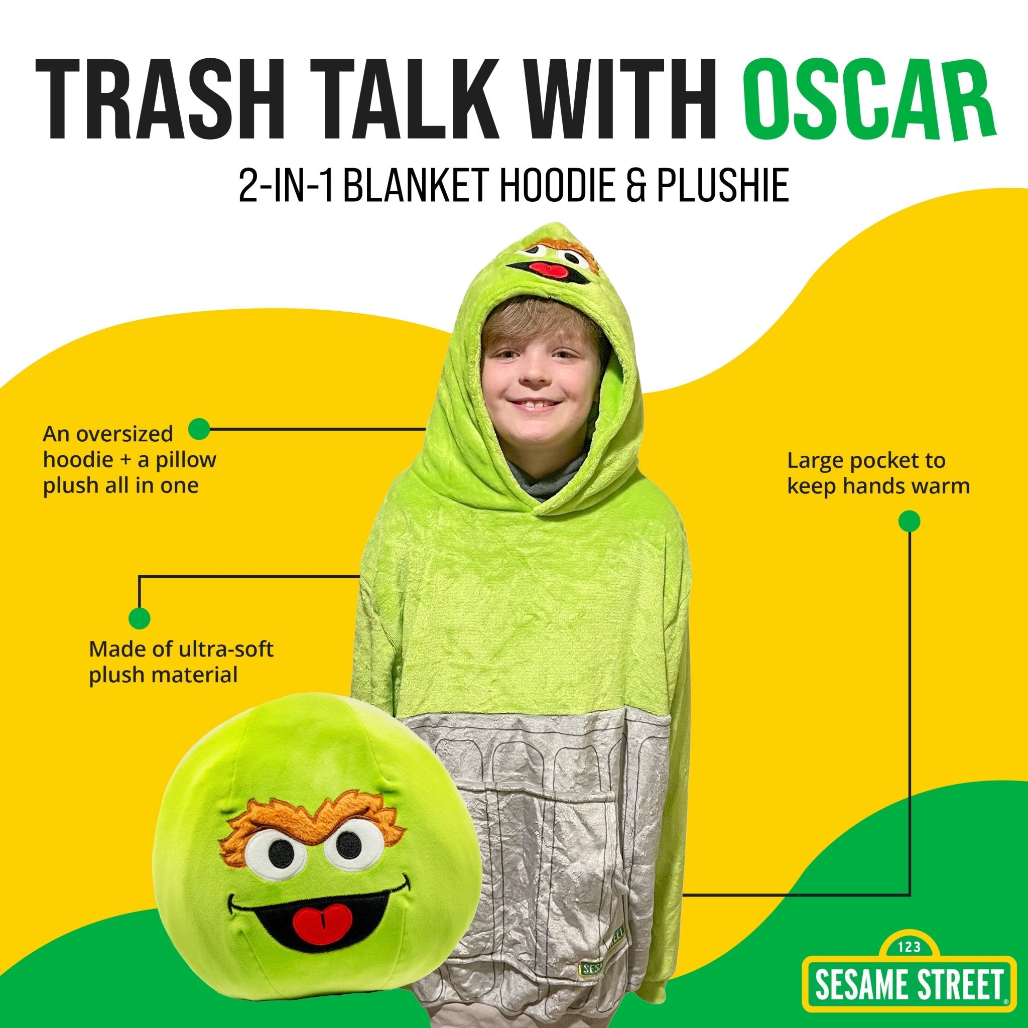 Plushible.comSnugiblesSesame Street Oscar The Grouch Kids Snugible | Blanket Hoodie & Pillow