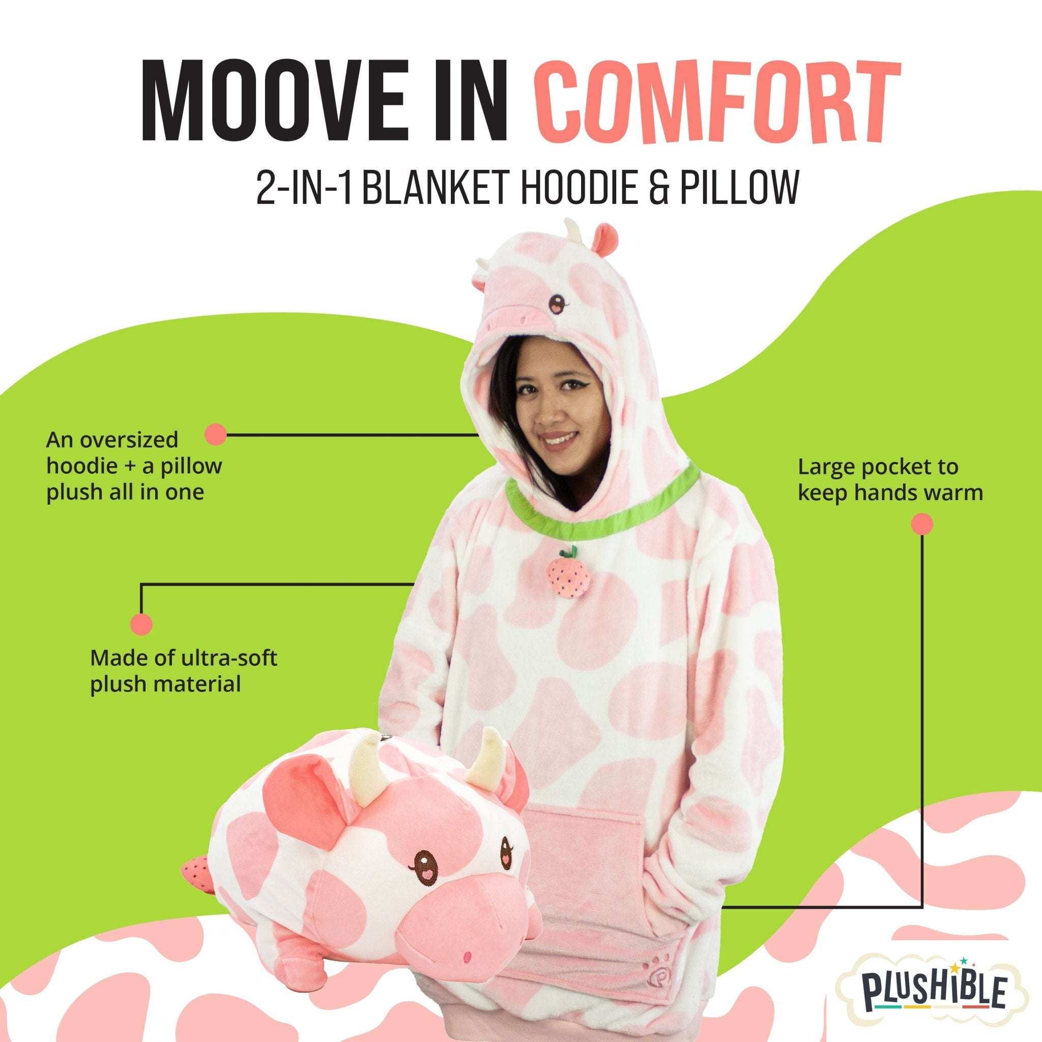 Plushible.comSnugiblesStrawberry Cow Adult Snugible | Blanket Hoodie & Pillow