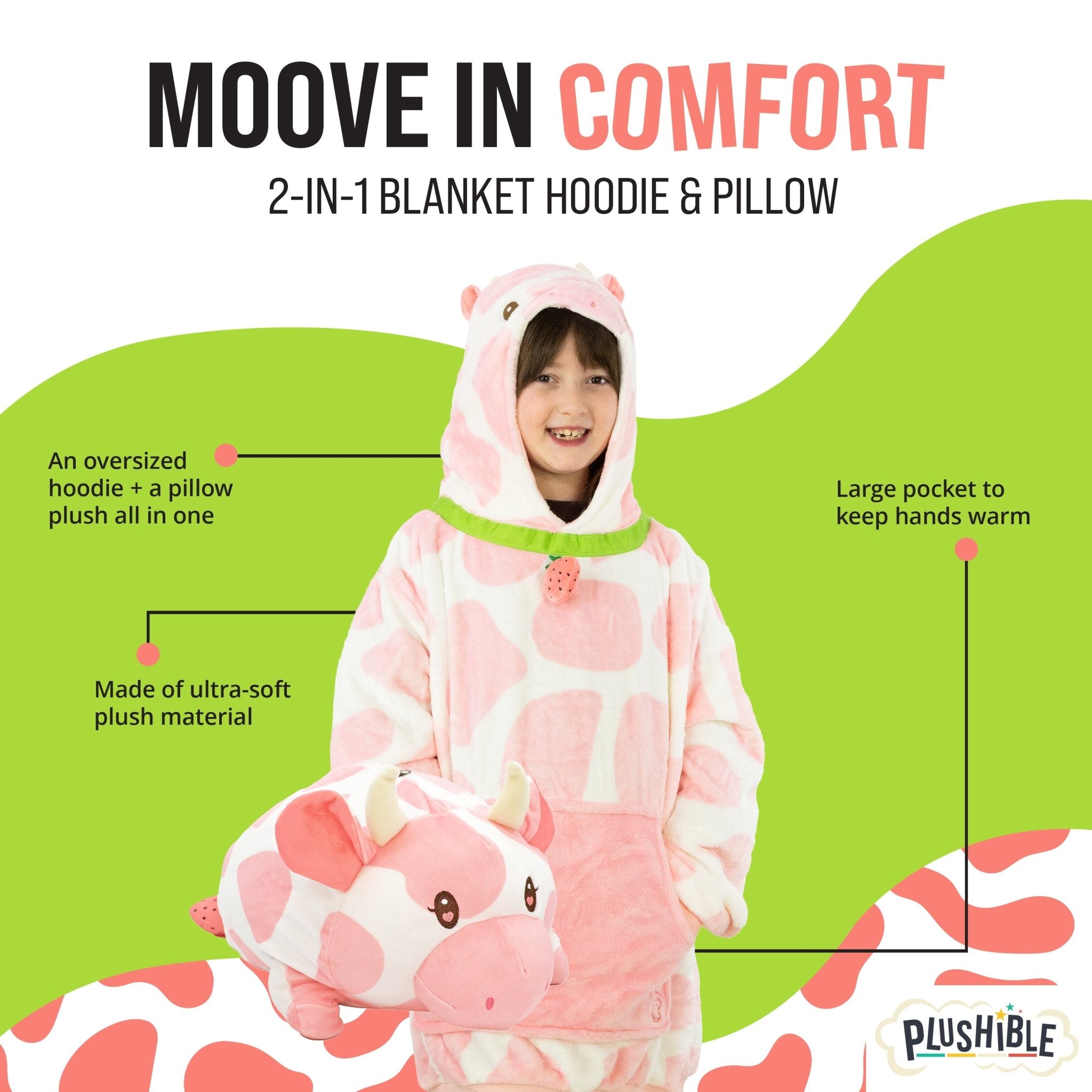 Plushible.comSnugiblesStrawberry Cow Kids Snugible | Blanket Hoodie & Pillow