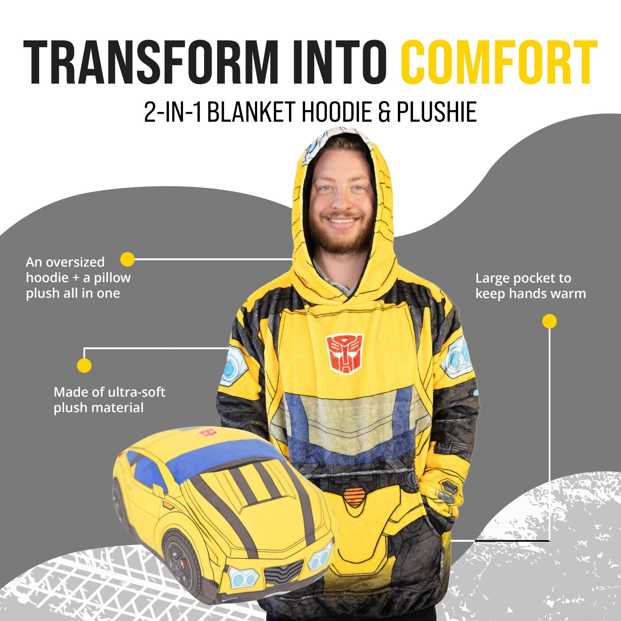 Plushible.comSnugiblesTransformers Bumble Bee Adult Snugible | Blanket Hoodie & Pillow