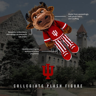 indiana university bison mascot plush toy Plush figure in front of a building with text describing features