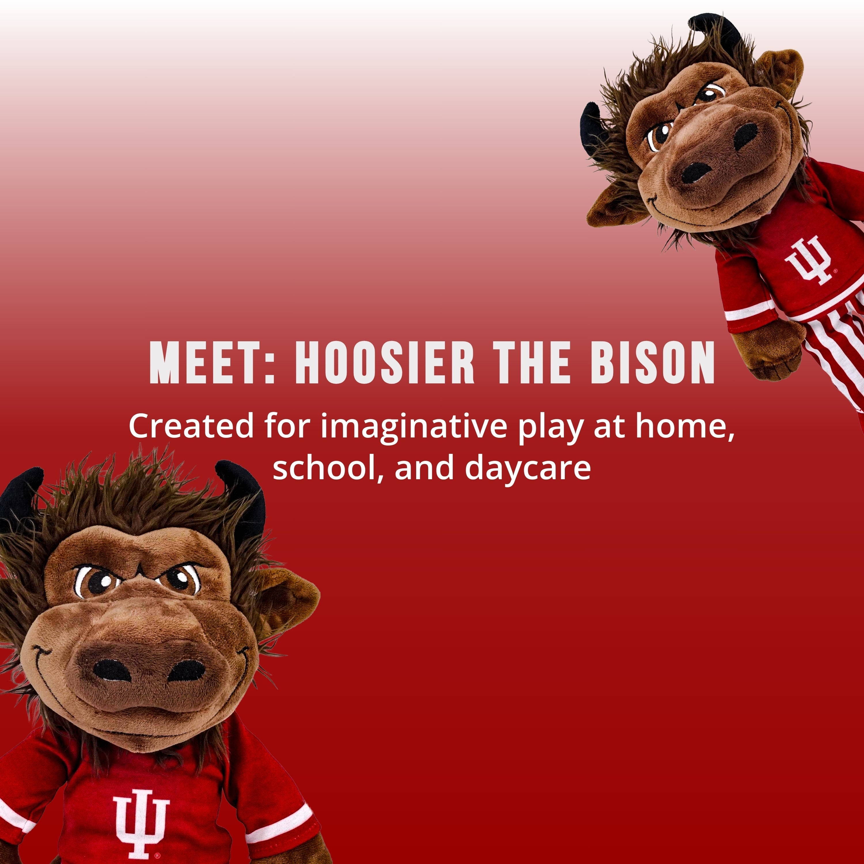 Plush indiana university bison mascot plush toy with red and white striped shirt on pink background