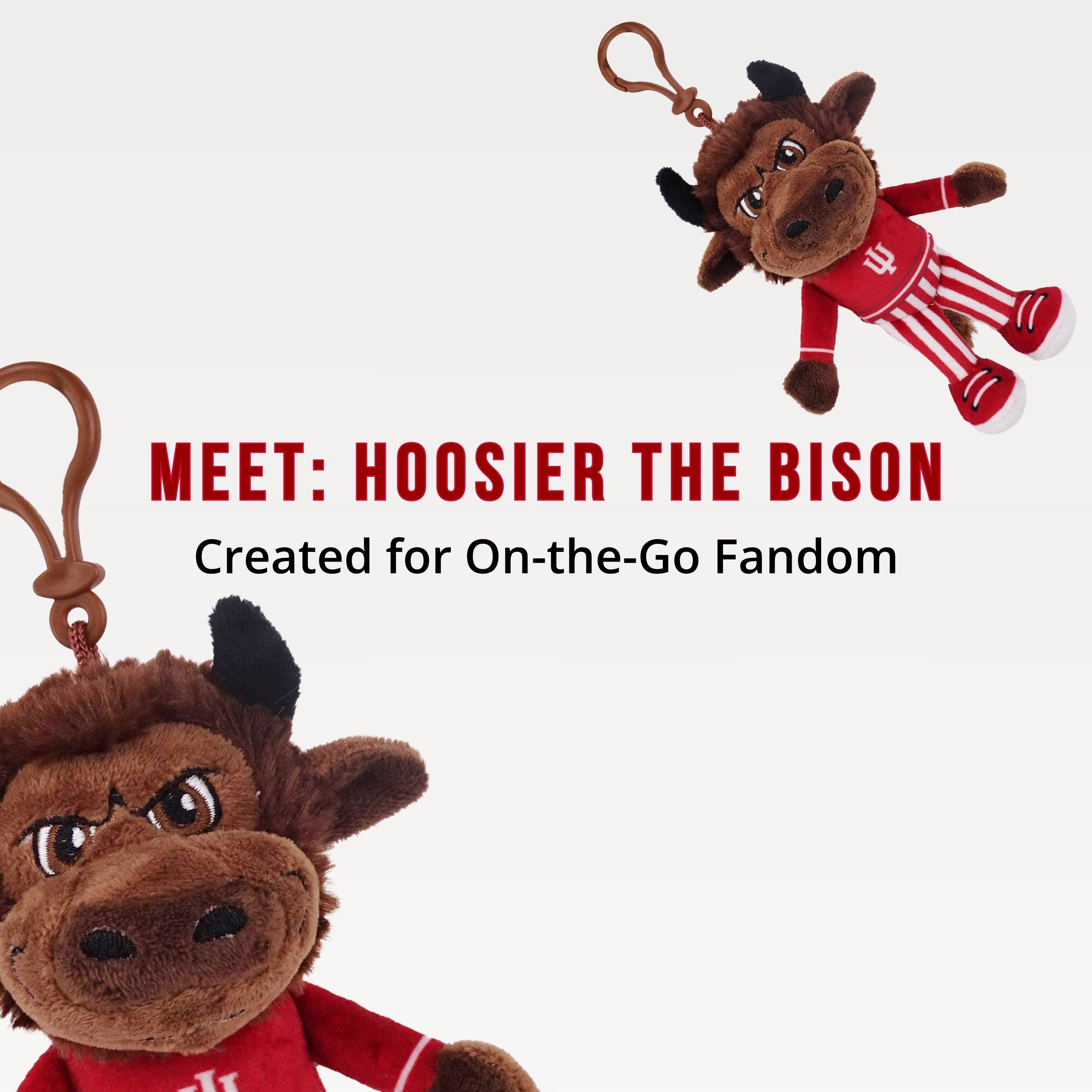 Plush keychain of a bison character in a red outfit with text 'Meet: Hoosier the Bison' on a white background.