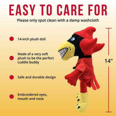 14-inch plush doll with red outfit and yellow face on a yellow background, featuring care instructions. Iowa State University Cy 14 Inch Plush Figure