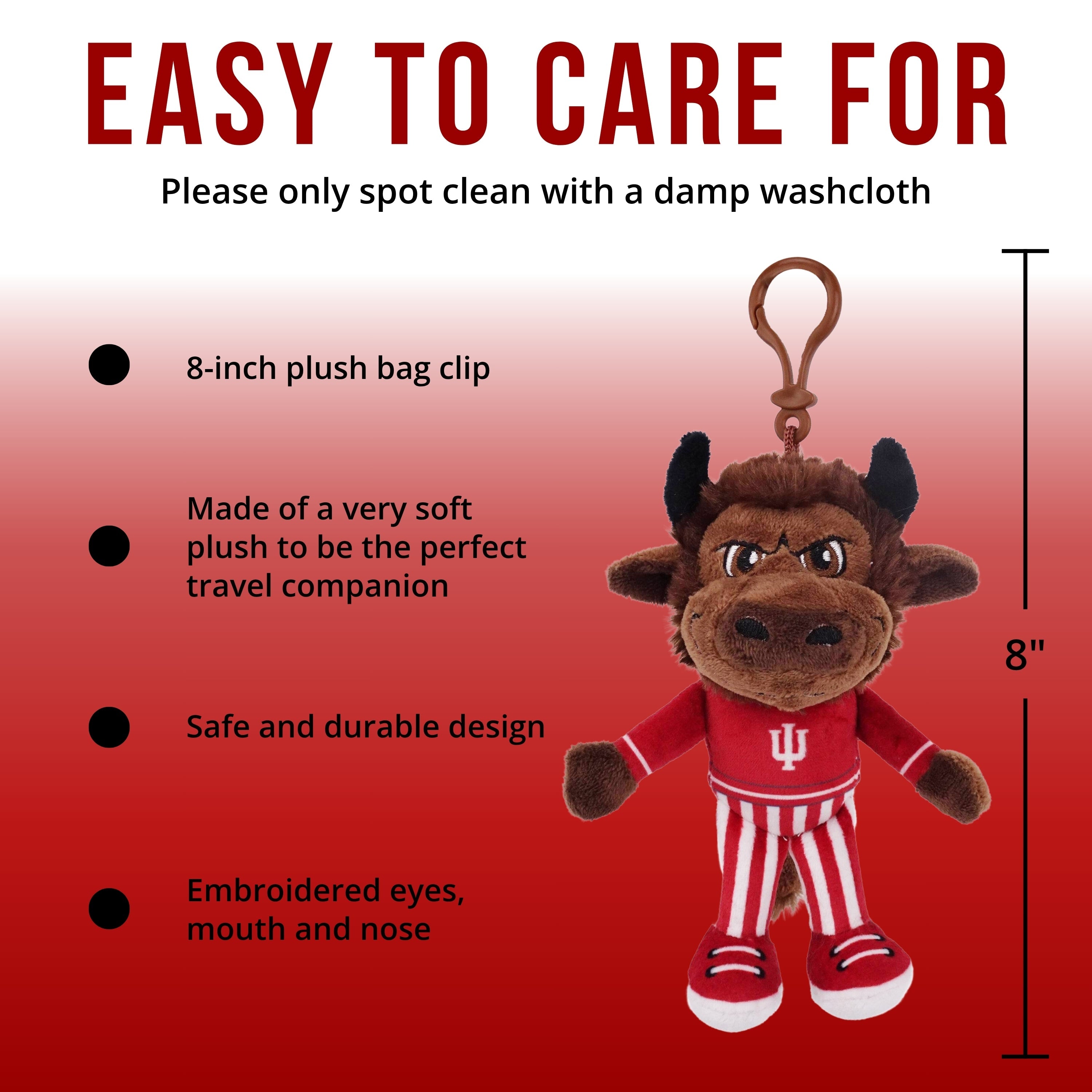 Bison Mascto Plush keychain with bag clip on a red background, featuring text about care and features.