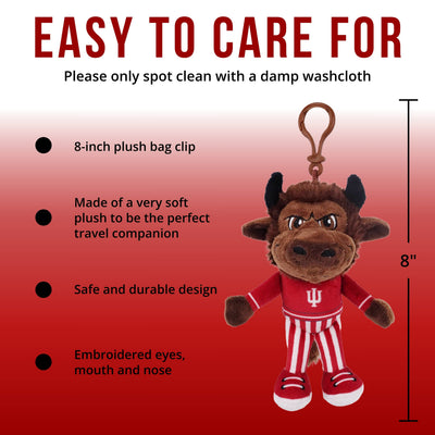 Bison Mascto Plush keychain with bag clip on a red background, featuring text about care and features.