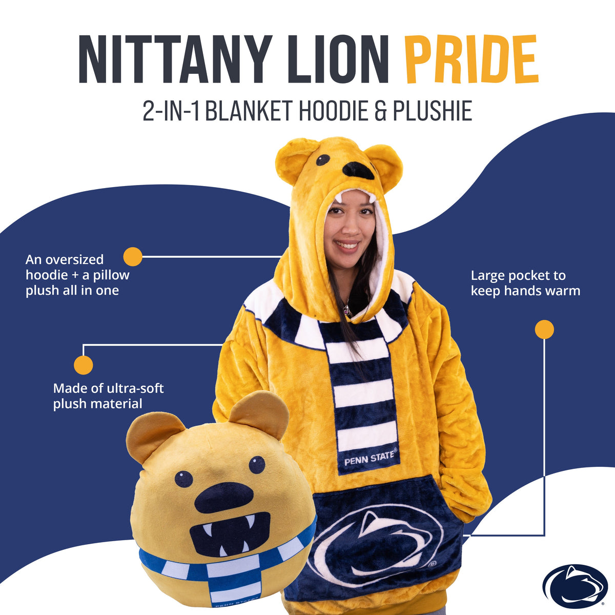 Penn State University Nittany Lion Adult Snugible | Blanket Hoodie & Pillow