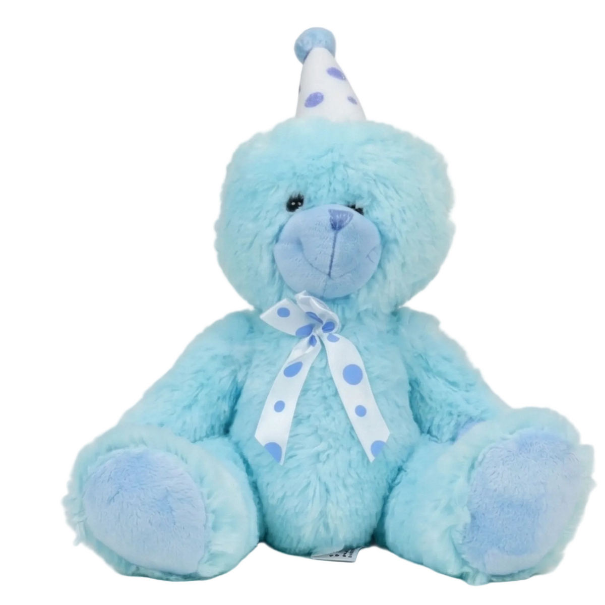Blue teddy bear with a white party hat and ribbon on a white background