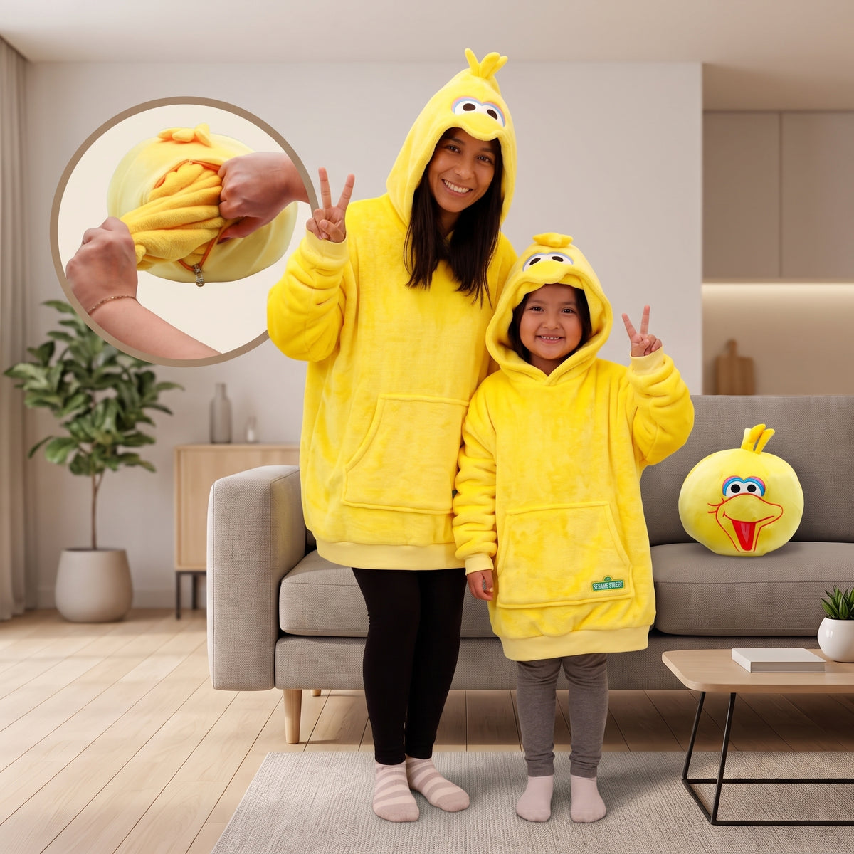 Sesame Street | Big Bird Adult & Child Snugible 2-in-1 Blanket Hoodie & Pillow