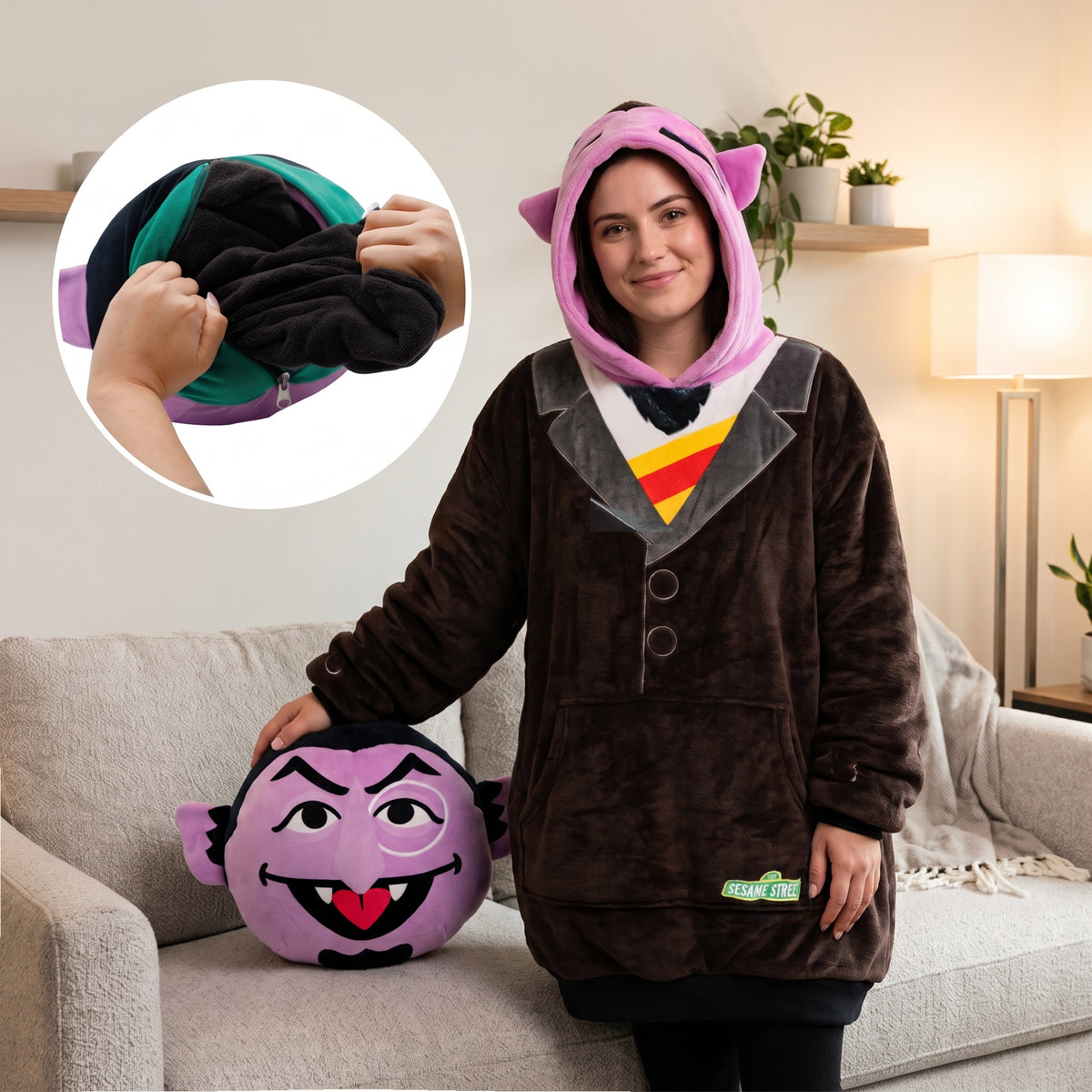 Sesame Street | Count Von Count Adult Snugible 2-in-1 Blanket Hoodie & Pillow