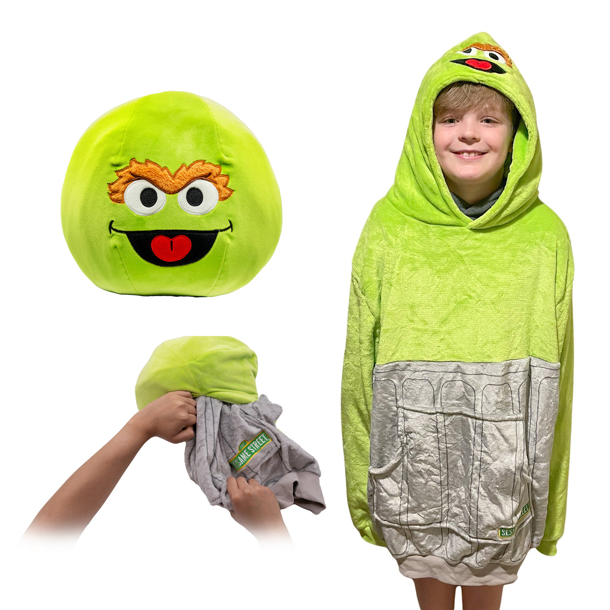 Sesame Street Oscar the Grouch Adult & Child Snugible | Blanket Hoodie & Pillow