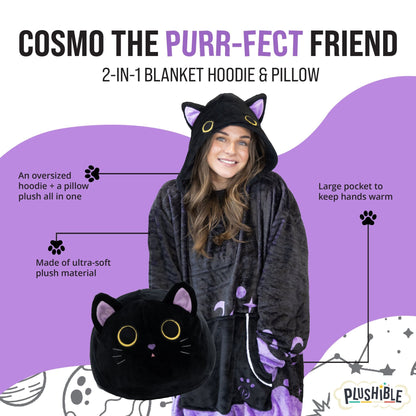 Plushible.comSnugiblesCosmo the Black Cat Snugible | Blanket Hoodie & Pillow