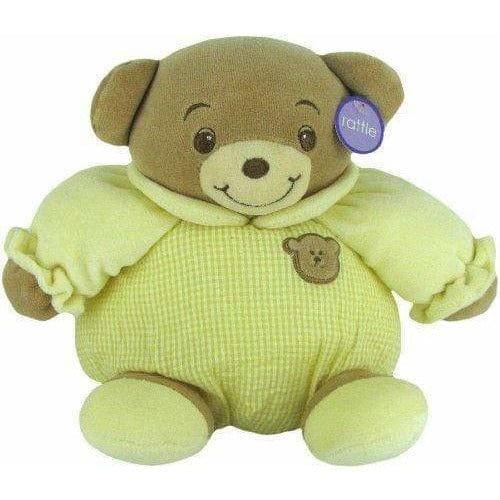 Plushible.comStuffed Animals"Fanny" the 8in Baby Bow Rattle Plush Teddy Bear in Yellow by Russ Berrie