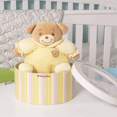 "Fanny" the 8in Baby Bow Rattle Plush Teddy Bear in Yellow by Russ Berrie"