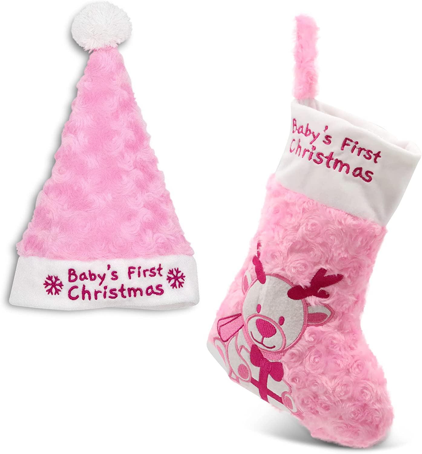Plushible.comHoliday StockingsPink Babys First Christmas Stocking and Hat Set